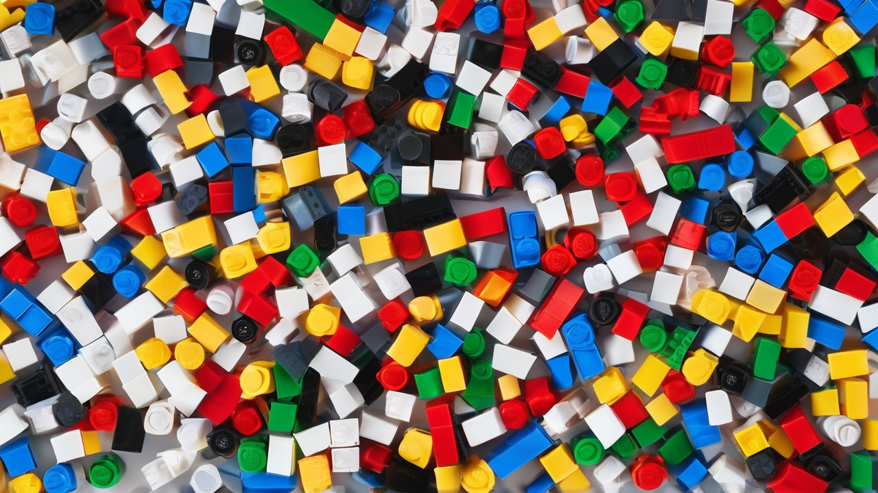 Abstrakcyjne tło z kolorowymi klockami LEGO ułożonymi w dynamiczny wzór z delikatnym rozmyciem dla efektu głębi