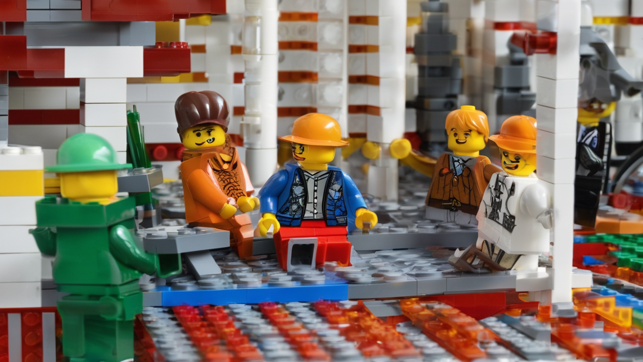 Grupa dzieci i dorosłych wspólnie budujących duży model z klocków LEGO podczas spotkania klubowego