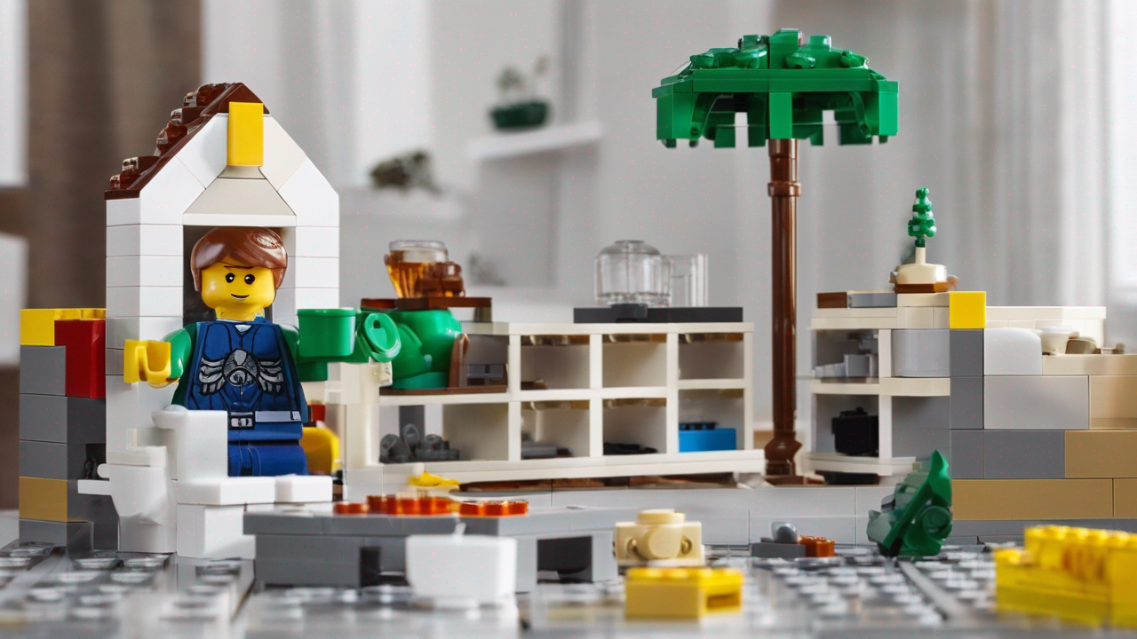 Kolekcja zestawów LEGO dla dorosłych na eleganckim wyświetlaczu z odpowiednim oświetleniem podkreślającym detale