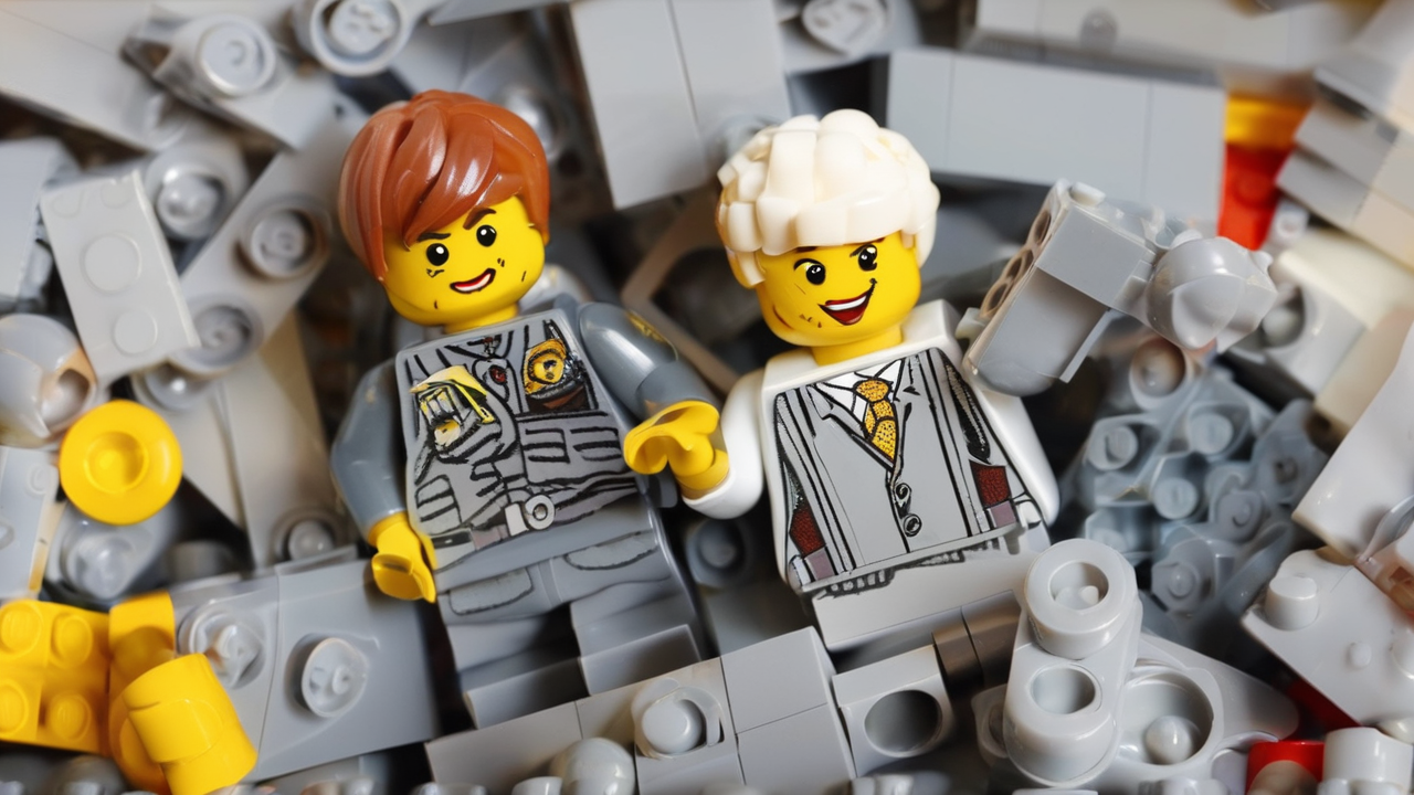 Kolorowe klocki LEGO ułożone w atrakcyjne ekspozycje kolekcji tematycznych z odpowiednim oświetleniem podkreślającym detale