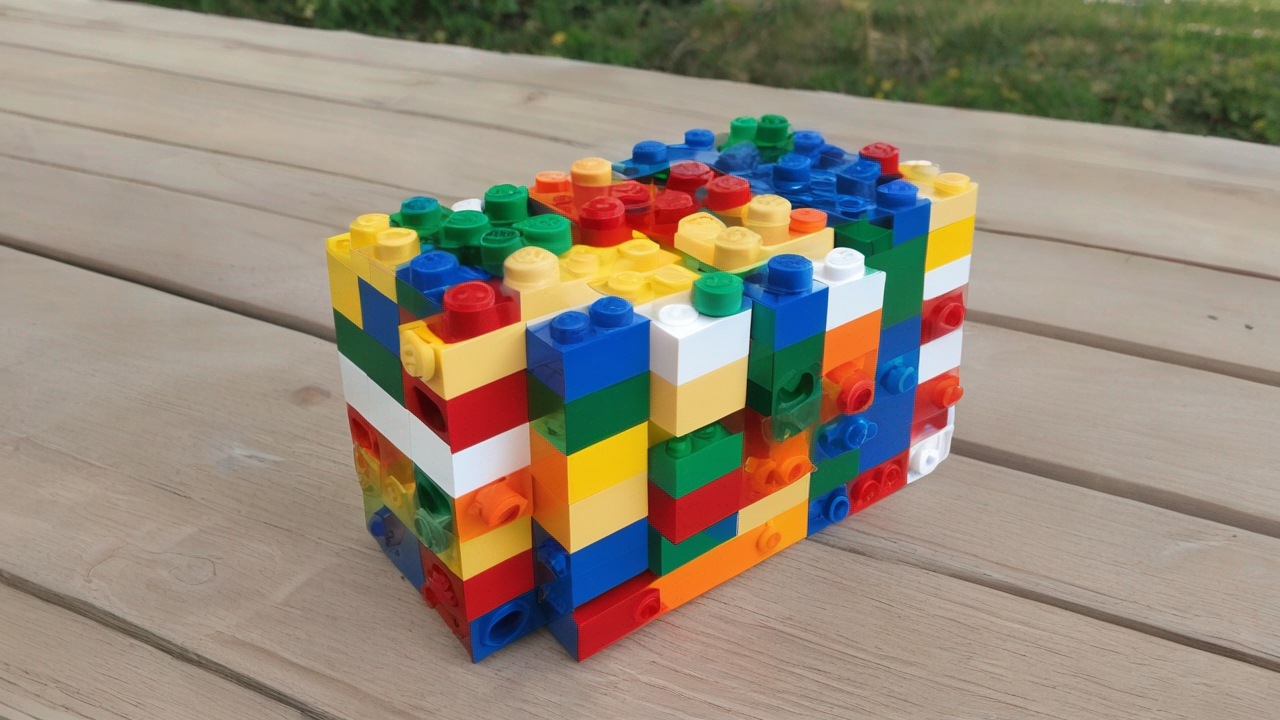Kolorowe klocki LEGO ułożone w atrakcyjne wzory, idealne dla dzieci w różnym wieku, z jasnym oświetleniem podkreślającym żywe kolory