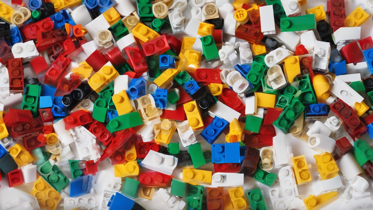 Kolorowe klocki LEGO ułożone w kreatywny sposób z oświetleniem podkreślającym ich żywe kolory i strukturę