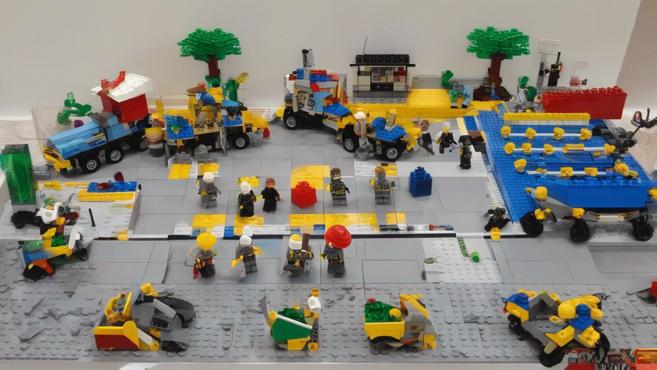 Kolorowe klocki LEGO ułożone w promocyjny napis, z efektownym oświetleniem podkreślającym specjalne oferty