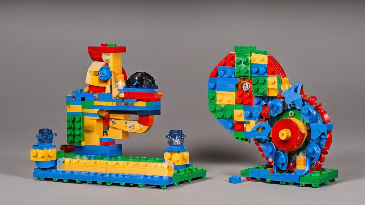 Kolorowe klocki LEGO ułożone w przyjazny wzór z elementami konta użytkownika, jasne oświetlenie podkreślające detale klocków