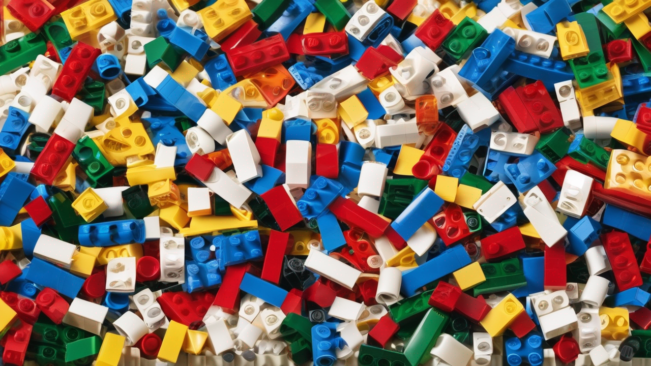 Kolorowe nowe zestawy LEGO ułożone na wystawie z odpowiednim oświetleniem podkreślającym detale