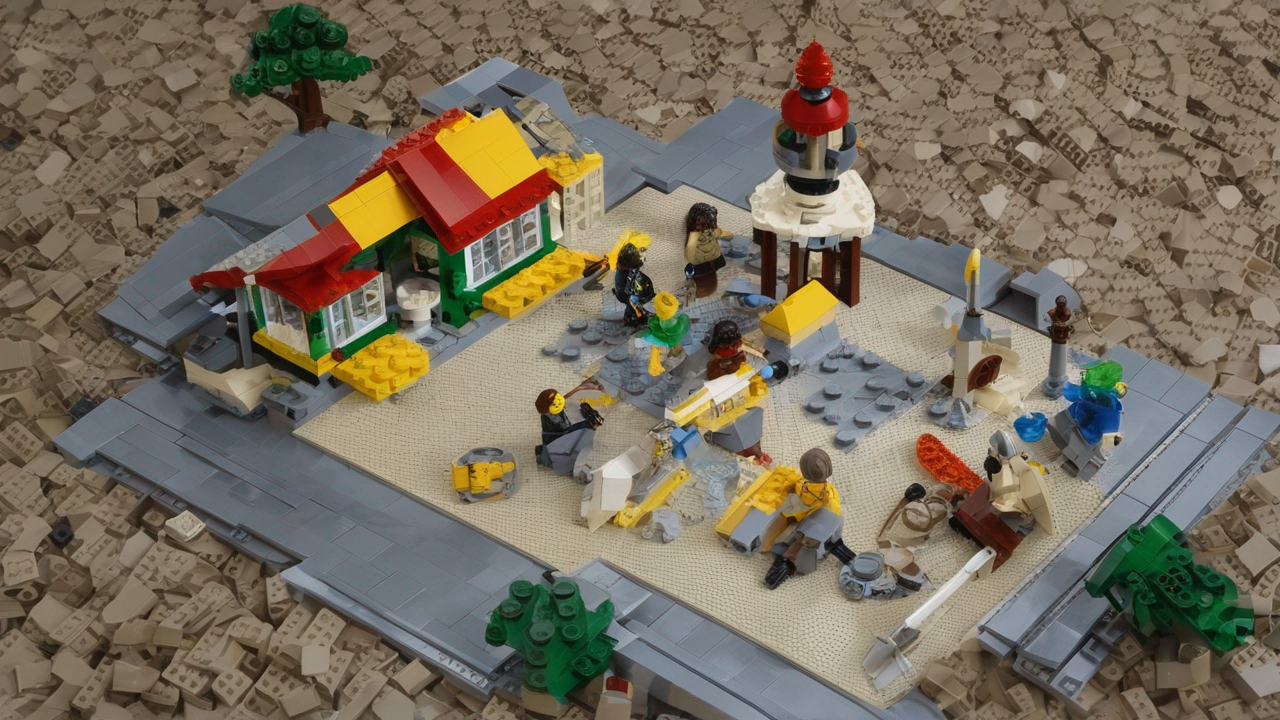 Nastrojowe tło z delikatnym oświetleniem i zarysami przyszłych zestawów LEGO w cieniu, tworzące atmosferę oczekiwania i tajemnicy