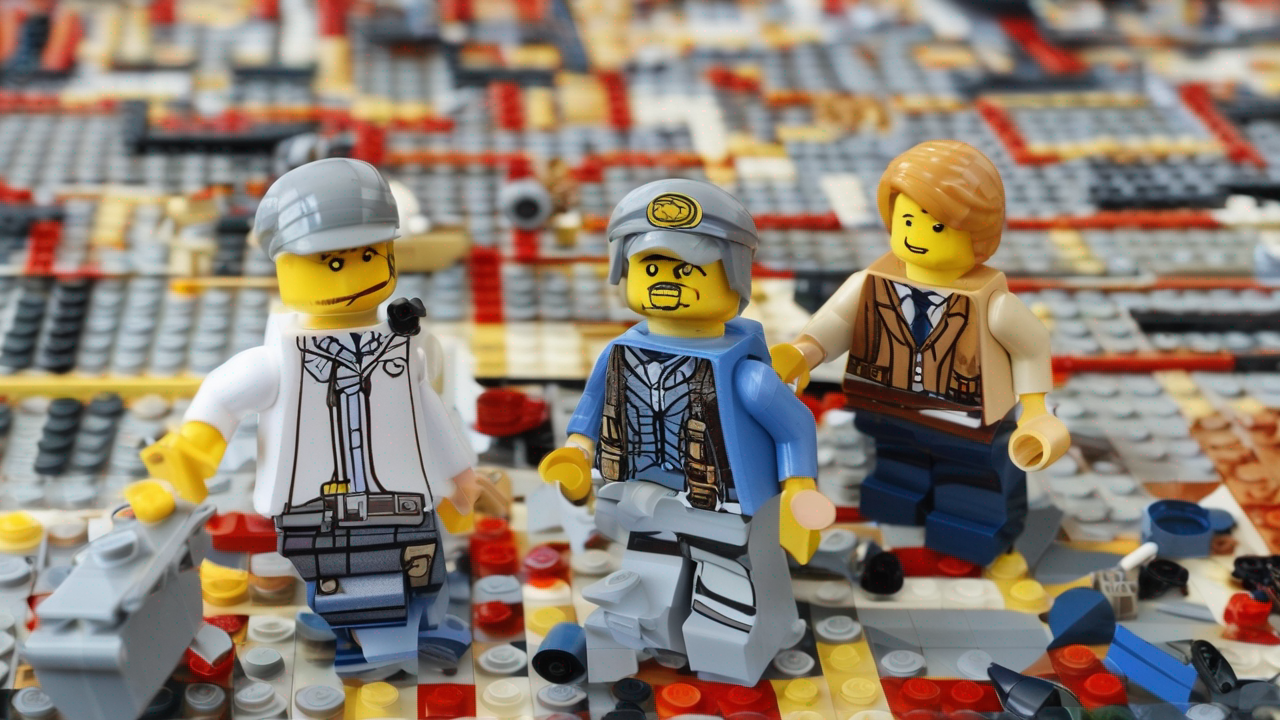 Różnorodne klocki LEGO rozłożone na jasnym tle z delikatnym oświetleniem tworzącym przyjazną atmosferę