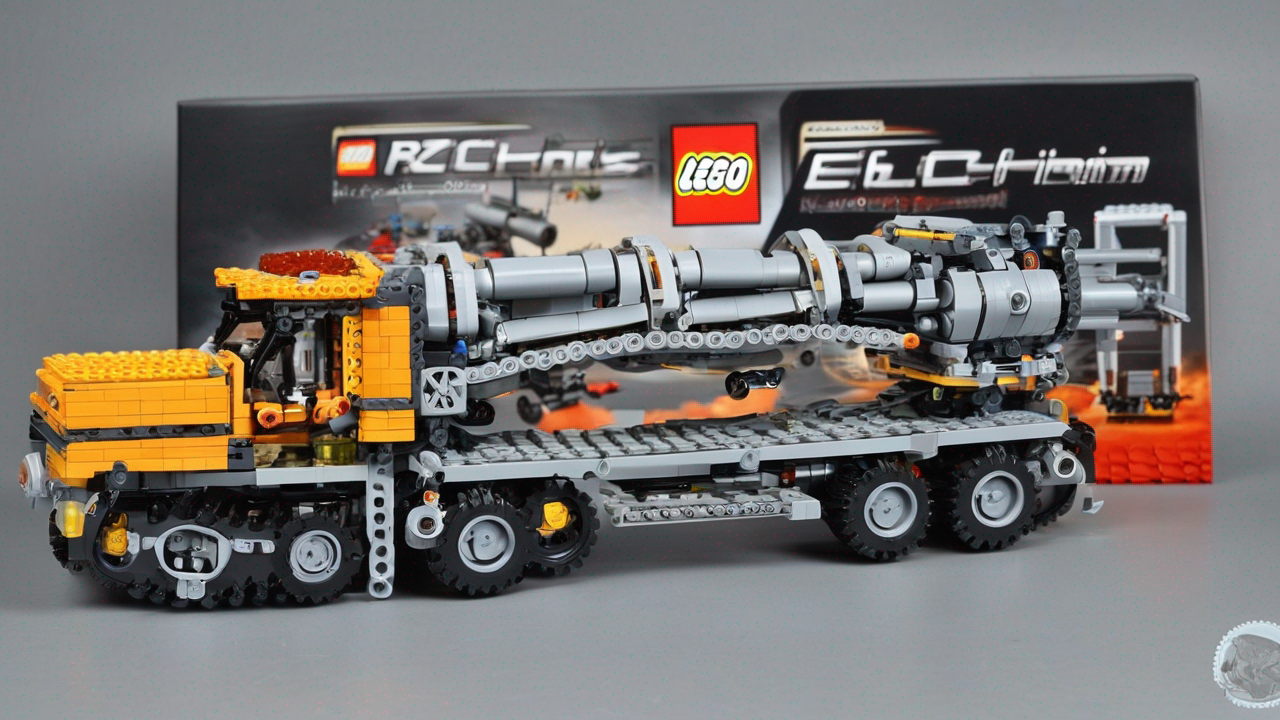 Zaawansowany model LEGO Technic z widocznymi elementami mechanicznymi i ruchomymi częściami