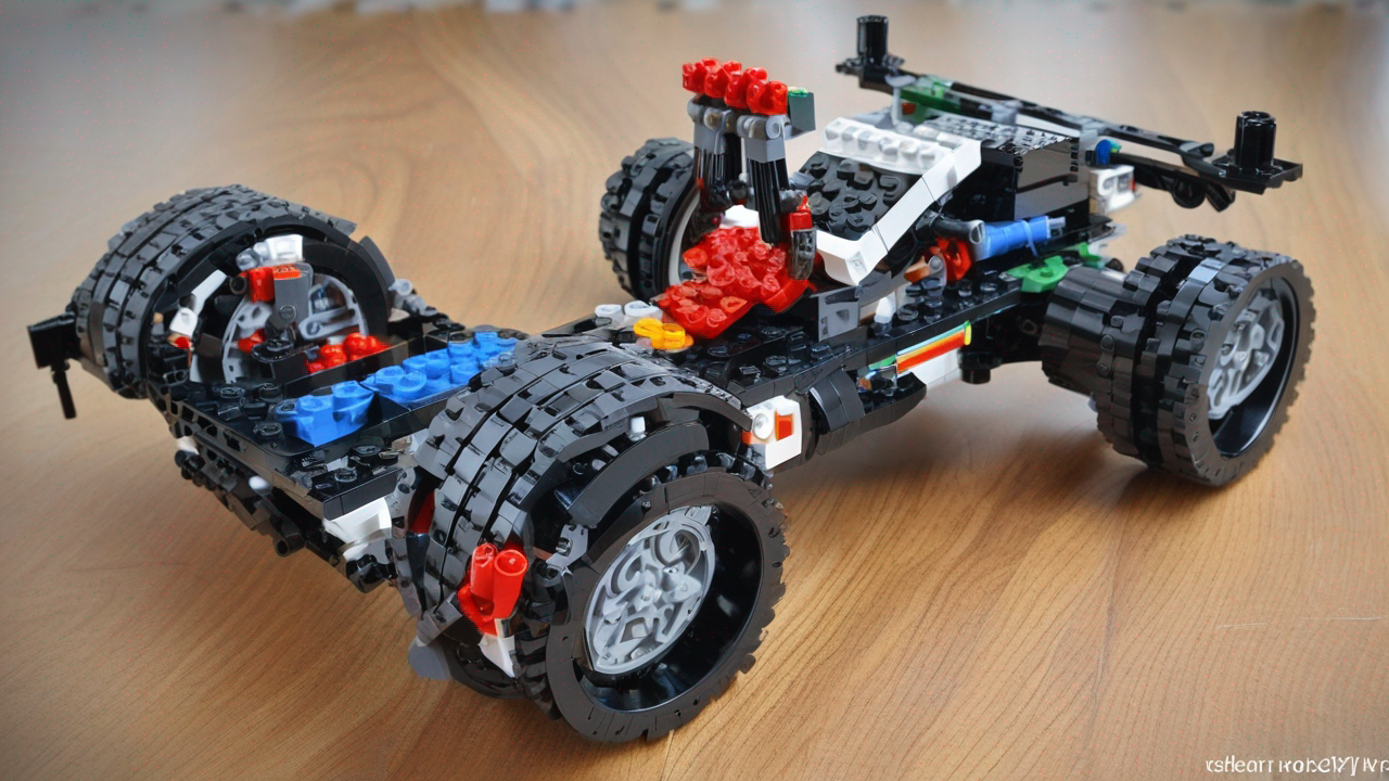 Zaawansowany model LEGO Technic z widocznymi mechanizmami, kołami zębatymi i ruchomymi elementami
