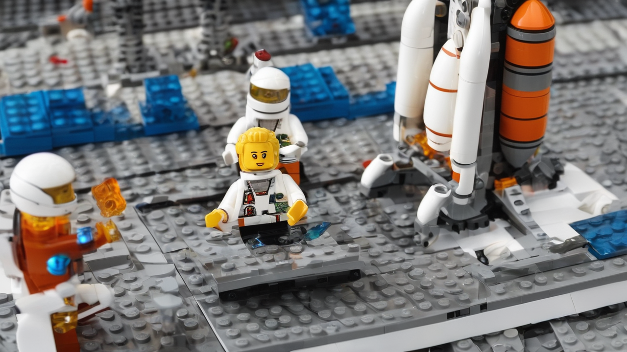 Zestaw LEGO City przedstawiający nowoczesną stację kosmiczną z figurkami astronautów i pojazdami kosmicznymi