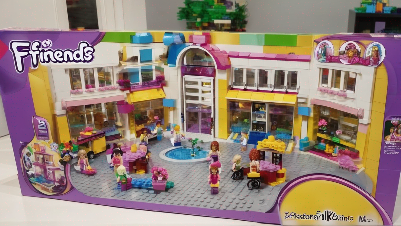 Zestaw LEGO Friends przedstawiający centrum handlowe z figurkami i różnymi sklepami